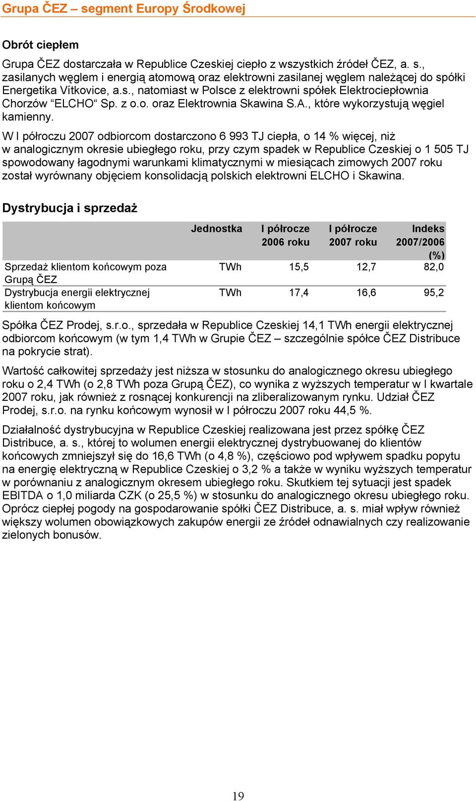 W I półroczu 2007 odbiorcom dostarczono 6 993 TJ ciepła, o 14 % więcej, niż w analogicznym okresie ubiegłego roku, przy czym spadek w Republice Czeskiej o 1 505 TJ spowodowany łagodnymi warunkami