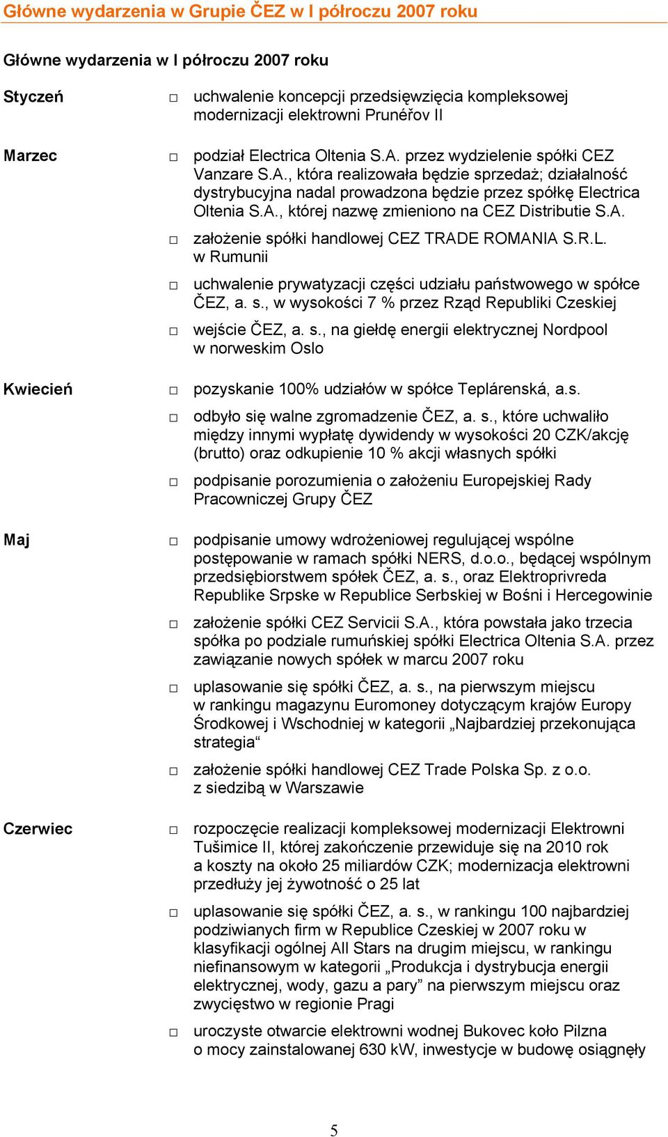 A. założenie spółki handlowej CEZ TRADE ROMANIA S.R.L. w Rumunii uchwalenie prywatyzacji części udziału państwowego w spółce ČEZ, a. s., w wysokości 7 % przez Rząd Republiki Czeskiej wejście ČEZ, a.