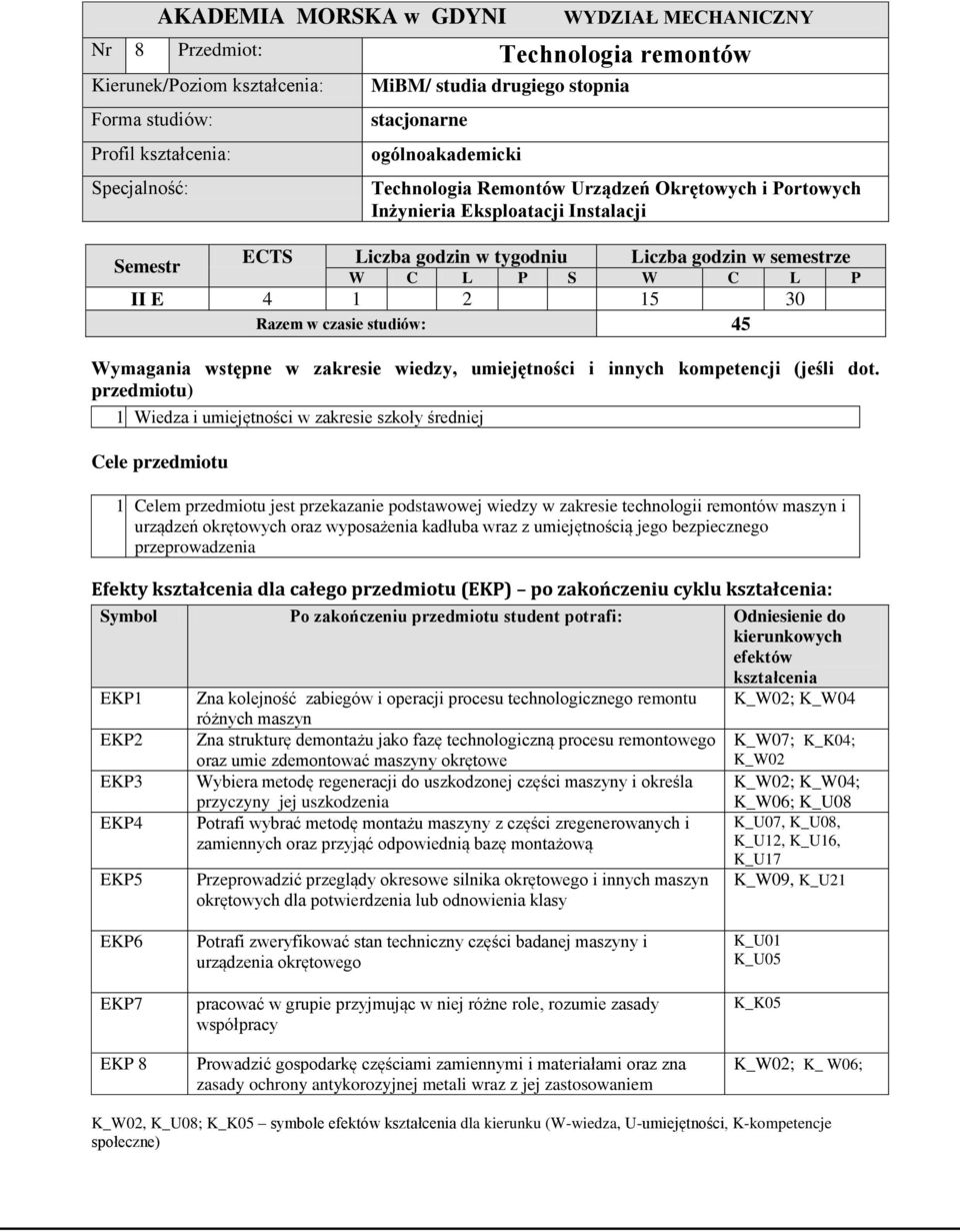 15 30 Razem w czasie studiów: 45 Wymagania wstępne w zakresie wiedzy, umiejętności i innych kompetencji (jeśli dot. przedmiotu) 1. Wiedza i umiejętności w zakresie szkoły średniej Cele przedmiotu 1.