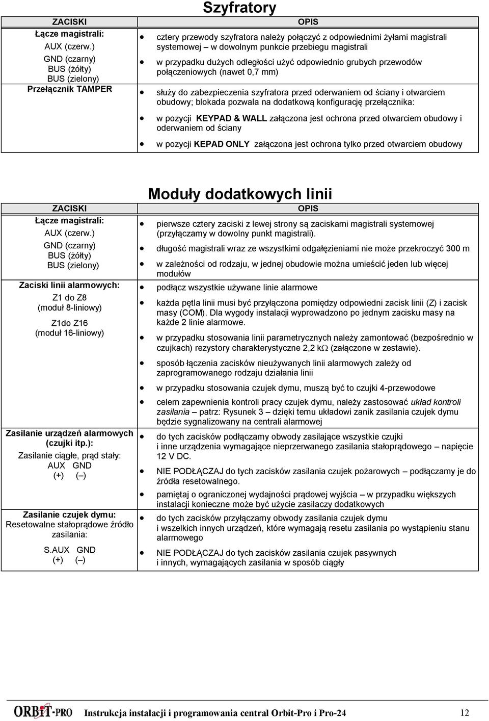 dużych odległości użyć odpowiednio grubych przewodów połączeniowych (nawet 0,7 mm) Przełącznik TAMPER służy do zabezpieczenia szyfratora przed oderwaniem od ściany i otwarciem obudowy; blokada
