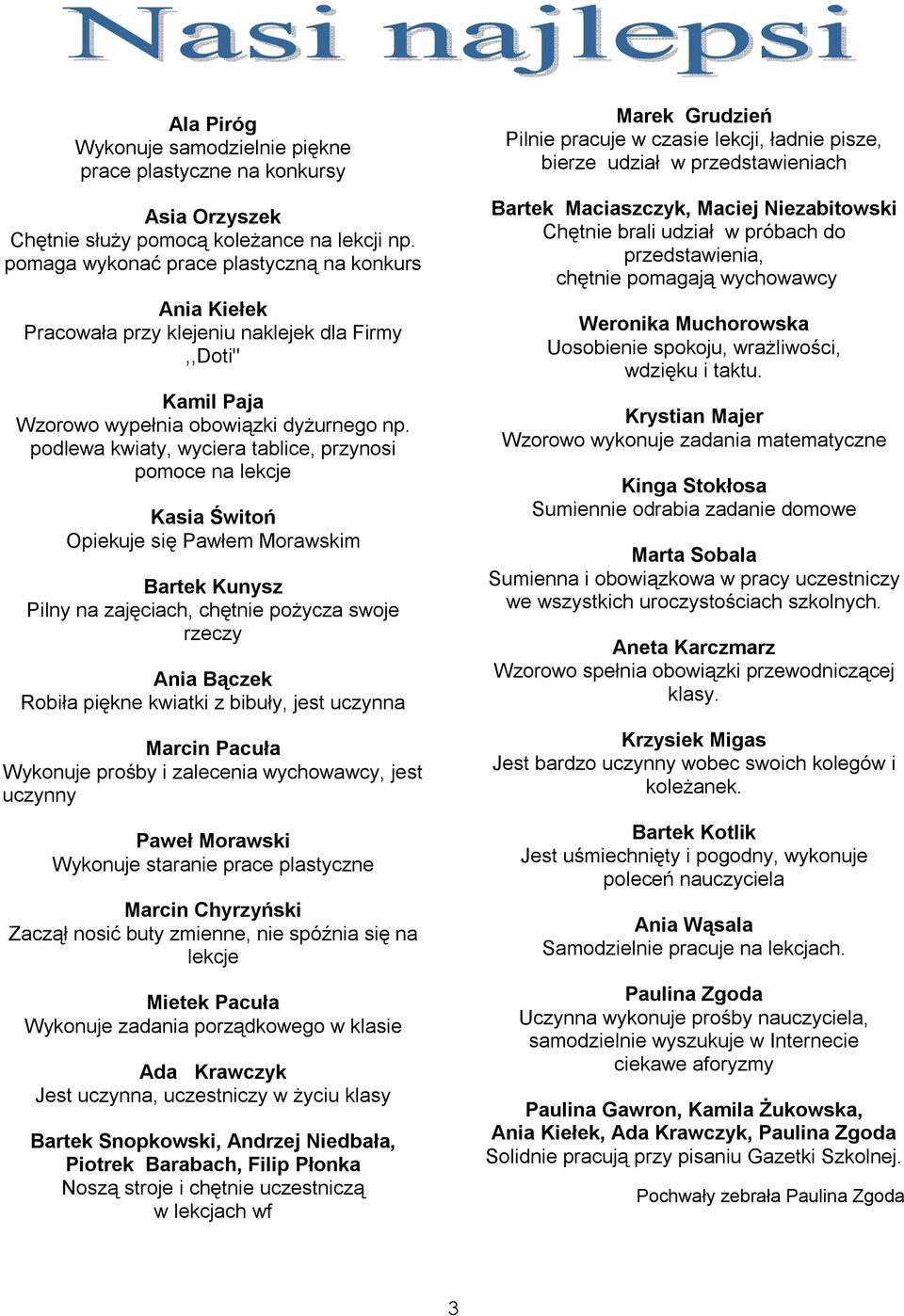 podlewa kwiaty, wyciera tablice, przynosi pomoce na lekcje Kasia Świtoń Opiekuje się Pawłem Morawskim Bartek Kunysz Pilny na zajęciach, chętnie pożycza swoje rzeczy Ania Bączek Robiła piękne kwiatki