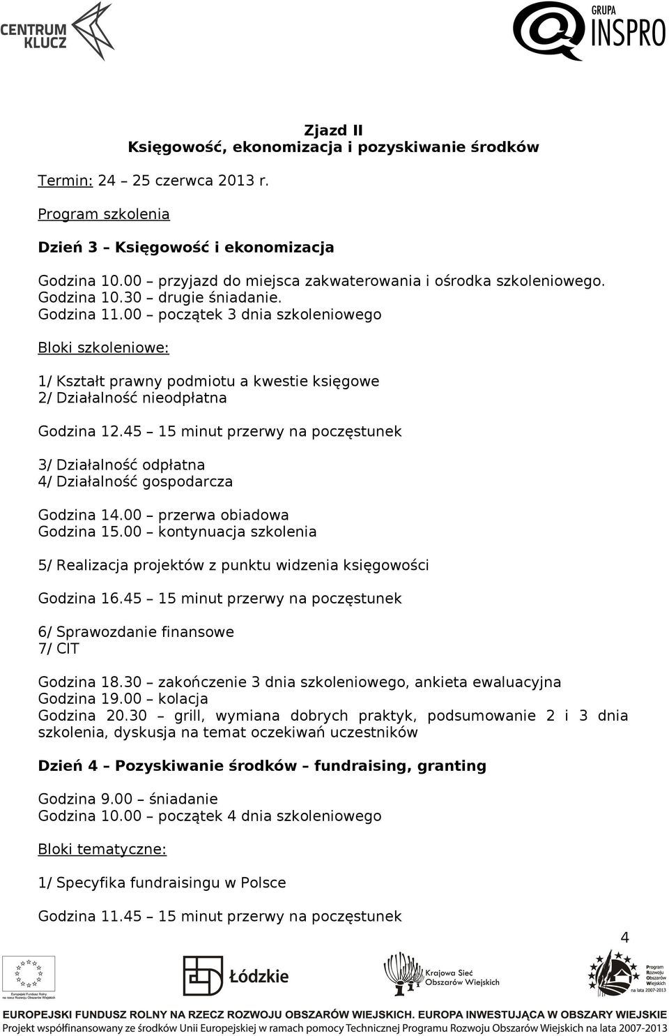 00 początek 3 dnia szkoleniowego 1/ Kształt prawny podmiotu a kwestie księgowe 2/ Działalność nieodpłatna Godzina 12.