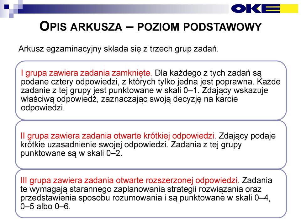 Zdający wskazuje właściwą odpowiedź, zaznaczając swoją decyzję na karcie odpowiedzi. II grupa zawiera zadania otwarte krótkiej odpowiedzi.