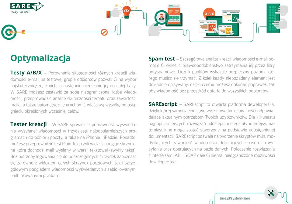 W SARE możesz zestawić ze sobą nieograniczoną liczbę wiadomości, przeprowadzić analizę skuteczności tematu oraz zawartości maila, a także automatycznie uruchomić właściwą wysyłkę po osiągnięciu
