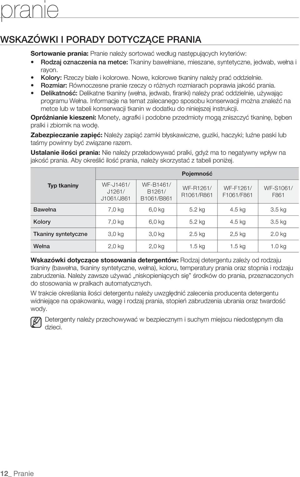 Delikatność: Delikatne tkaniny (wełna, jedwab, firanki) należy prać oddzielnie, używając programu Wełna.