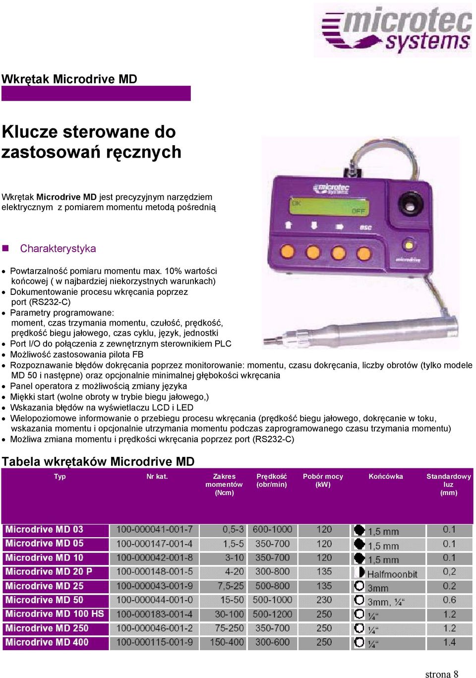 10% wartości końcowej ( w najbardziej niekorzystnych warunkach) Dokumentowanie procesu wkręcania poprzez port (RS232-C) Parametry programowane: moment, czas trzymania momentu, czułość, prędkość,