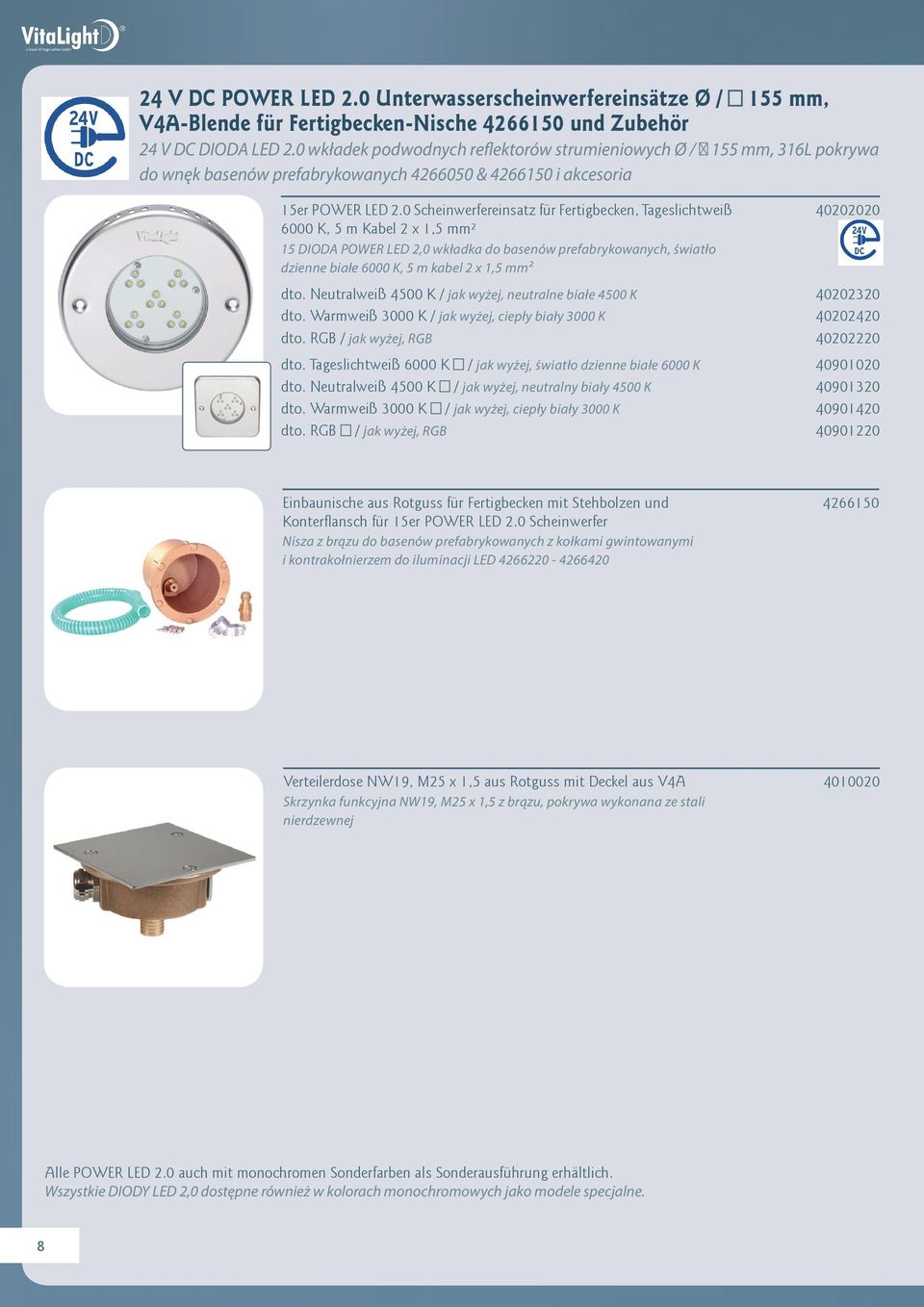 0 Scheinwerfereinsatz für Fertigbecken, Tageslichtweiß 6000 K, 5 m Kabel 2 x 1,5 mm² 15 DIODA POWER LED 2,0 wkładka do basenów prefabrykowanych, światło dzienne białe 6000 K, 5 m kabel 2 x 1,5 mm²