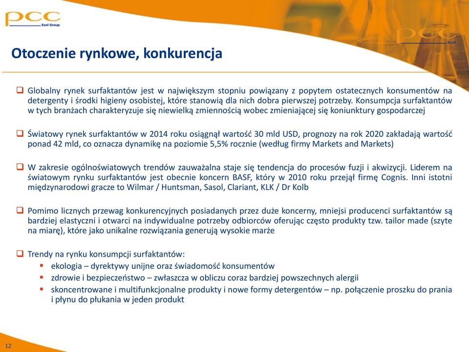 Konsumpcja surfaktantów w tych branżach charakteryzuje się niewielką zmiennością wobec zmieniającej się koniunktury gospodarczej Światowy rynek surfaktantów w 2014 roku osiągnął wartość 30 mld USD,