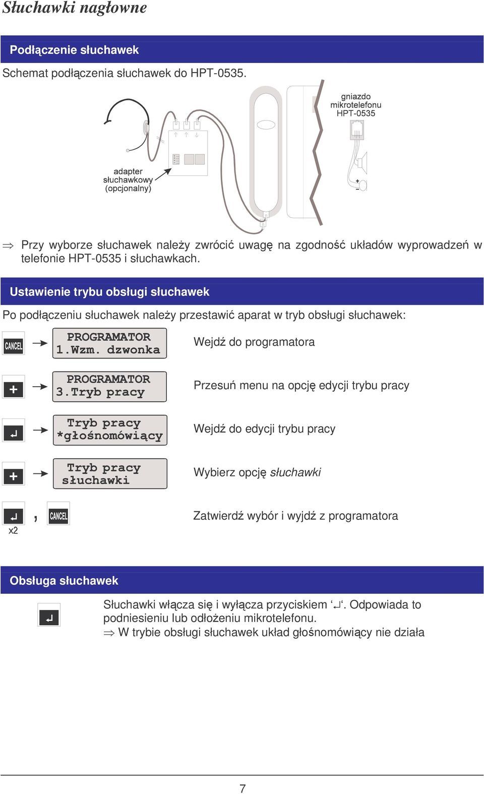 Ustawienie trybu obsługi słuchawek Po podłczeniu słuchawek naley przestawi aparat w tryb obsługi słuchawek: Wejd do programatora Przesu menu na opcj