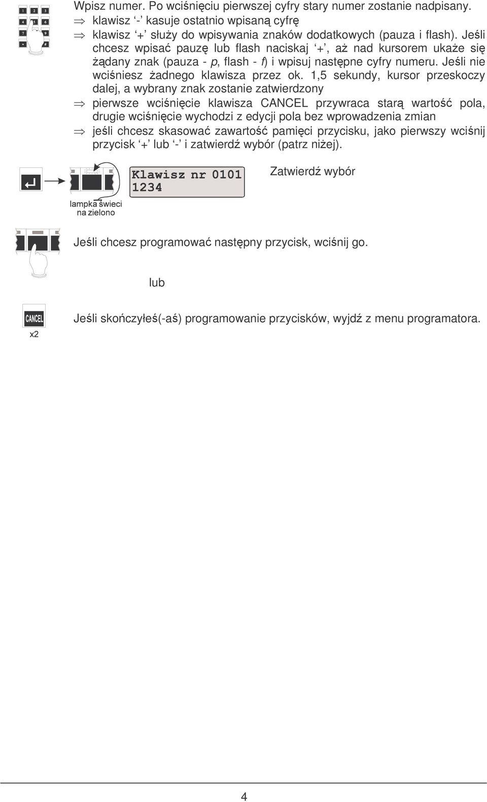 1,5 sekundy, kursor przeskoczy dalej, a wybrany znak zostanie zatwierdzony pierwsze wcinicie klawisza CANCEL przywraca star warto pola, drugie wcinicie wychodzi z edycji pola bez wprowadzenia zmian