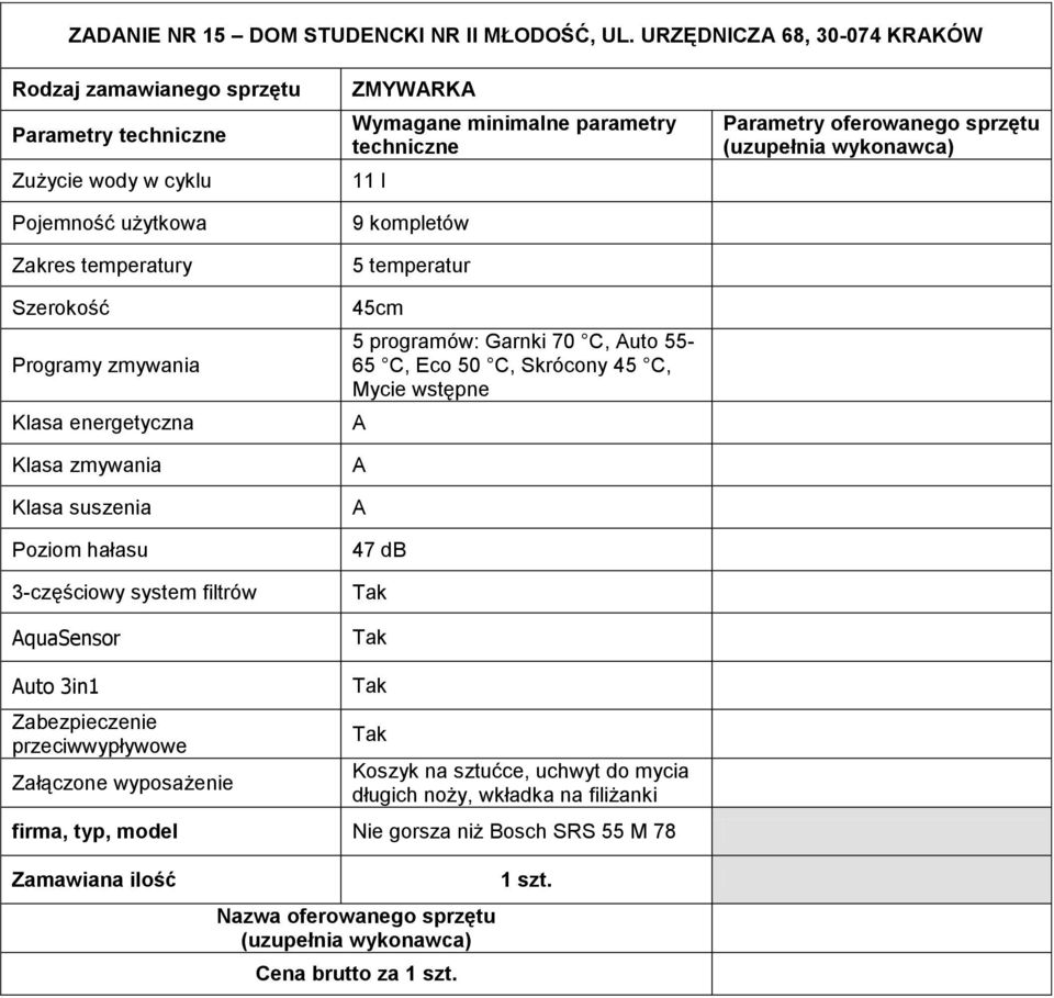 zmywania Klasa suszenia Poziom hałasu 3-częściowy system filtrów AquaSensor ZMYWARKA 11 l 9 kompletów 5 temperatur 45cm 5 programów: Garnki