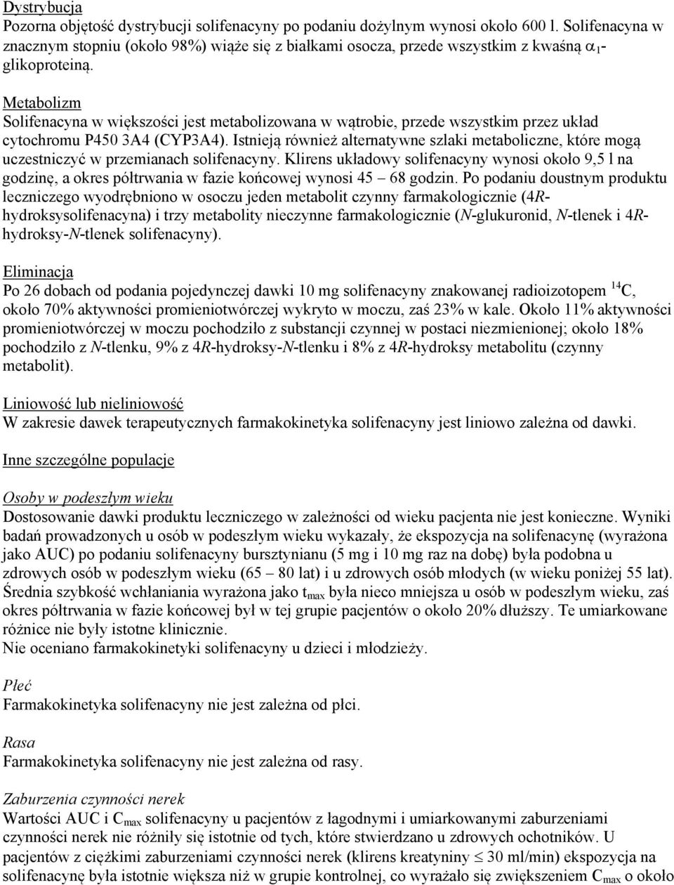 Metabolizm Solifenacyna w większości jest metabolizowana w wątrobie, przede wszystkim przez układ cytochromu P450 3A4 (CYP3A4).