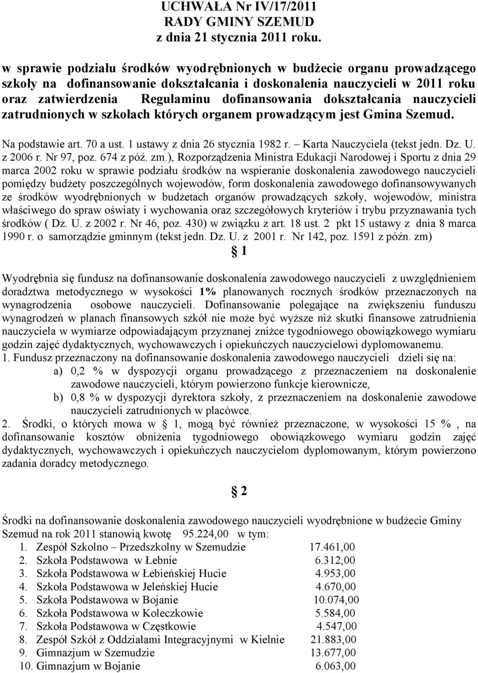 dokształcania nauczycieli zatrudnionych w szkołach których organem prowadzącym jest Gmina Szemud. Na podstawie art. 70 a ust. 1 ustawy z dnia 26 stycznia 1982 r. Karta Nauczyciela (tekst jedn. Dz. U.