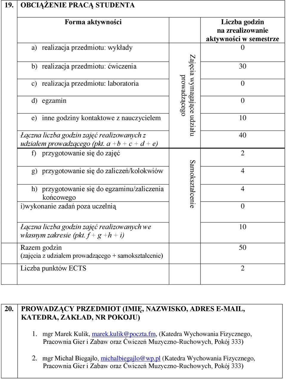 0 d) egzamin 0 e) inne godziny kontaktowe z nauczycielem 10 Łączna liczba godzin zajęć realizowanych z udziałem prowadzącego (pkt.