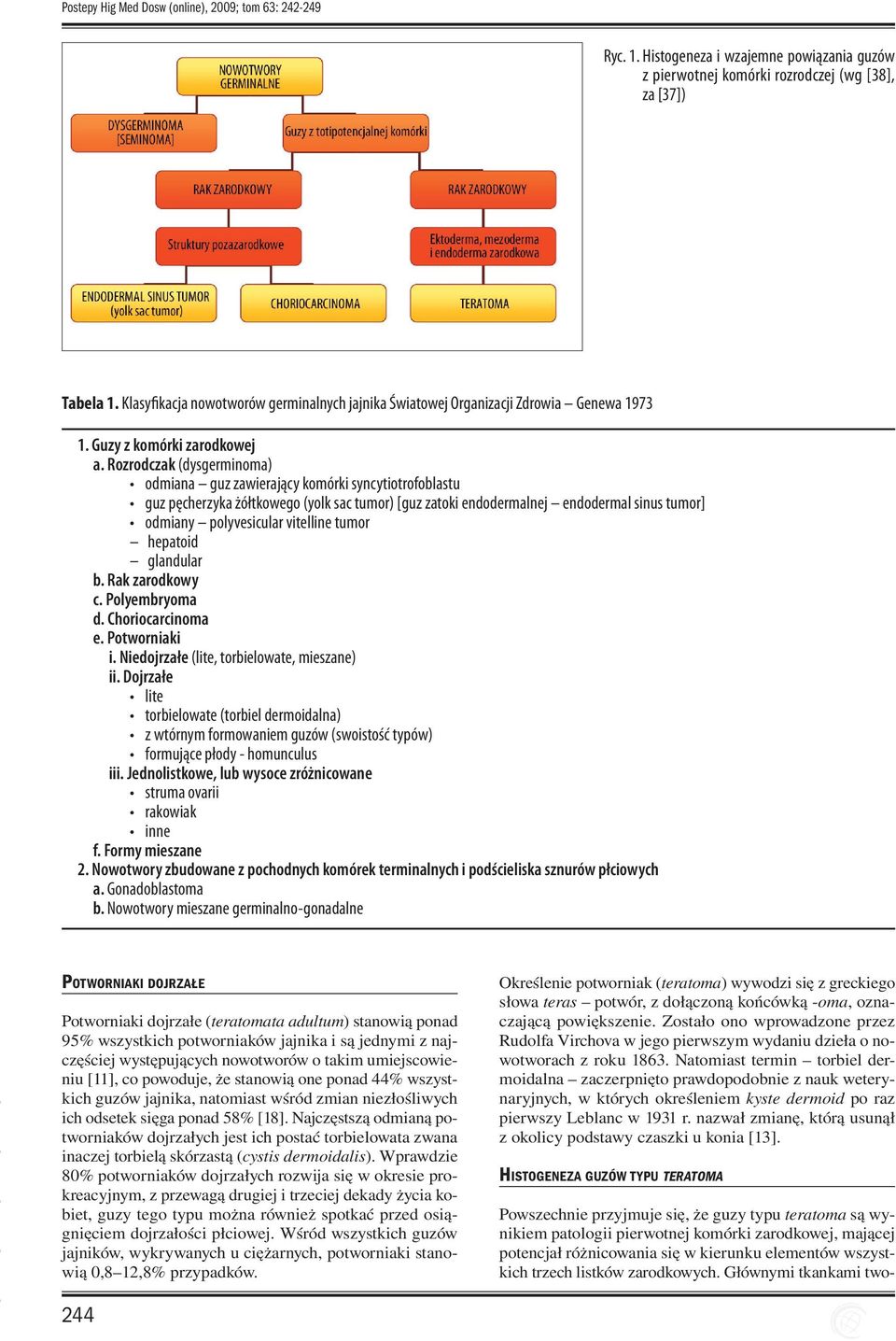 Rozrodczak (dysgerminoma) odmiana guz zawierający komórki syncytiotrofoblastu guz pęcherzyka żółtkowego (yolk sac tumor) [guz zatoki endodermalnej endodermal sinus tumor] odmiany polyvesicular