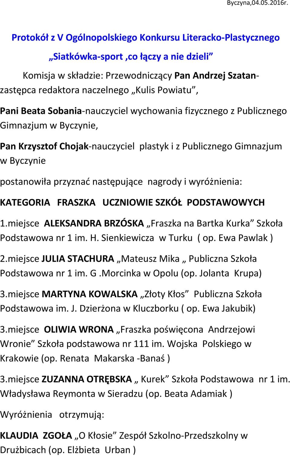 Pani Beata Sobania-nauczyciel wychowania fizycznego z Publicznego Gimnazjum w Byczynie, Pan Krzysztof Chojak-nauczyciel plastyk i z Publicznego Gimnazjum w Byczynie postanowiła przyznać następujące