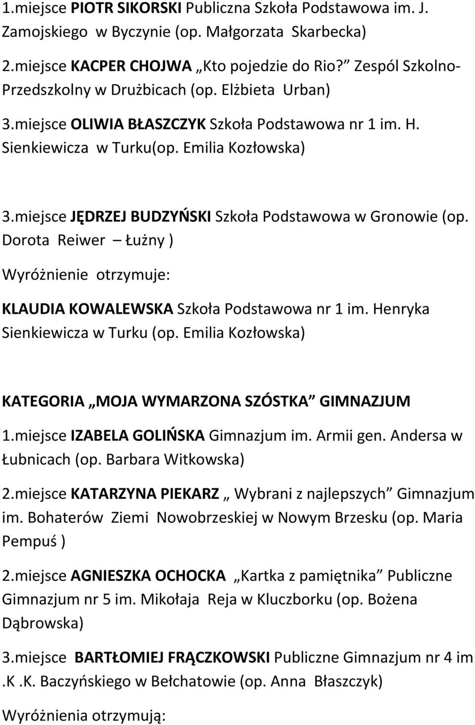 miejsce JĘDRZEJ BUDZYŃSKI Szkoła Podstawowa w Gronowie (op. Dorota Reiwer Łużny ) Wyróżnienie otrzymuje: KLAUDIA KOWALEWSKA Szkoła Podstawowa nr 1 im. Henryka Sienkiewicza w Turku (op.