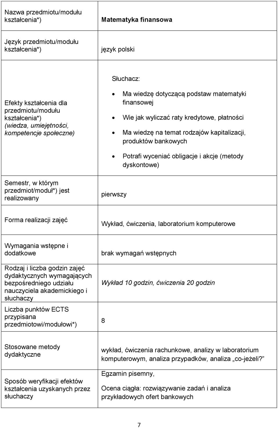 pierwszy Forma realizacji zajęć Wykład, ćwiczenia, laboratorium komputerowe Wymagania wstępne i dodatkowe Rodzaj i liczba godzin zajęć dydaktycznych wymagających bezpośredniego udziału nauczyciela