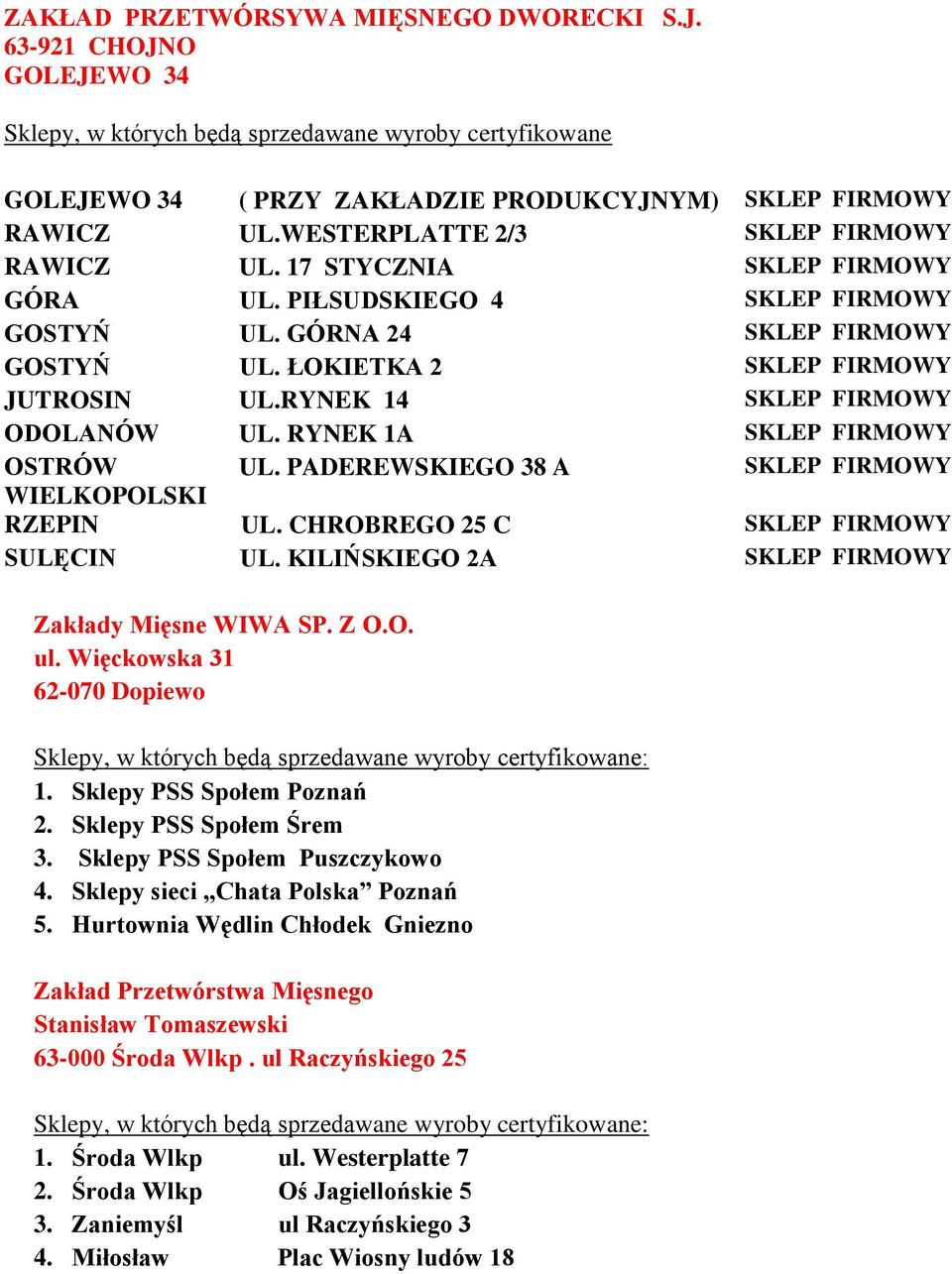RYNEK 14 SKLEP FIRMOWY ODOLANÓW UL. RYNEK 1A SKLEP FIRMOWY OSTRÓW UL. PADEREWSKIEGO 38 A SKLEP FIRMOWY WIELKOPOLSKI RZEPIN UL. CHROBREGO 25 C SKLEP FIRMOWY SULĘCIN UL.