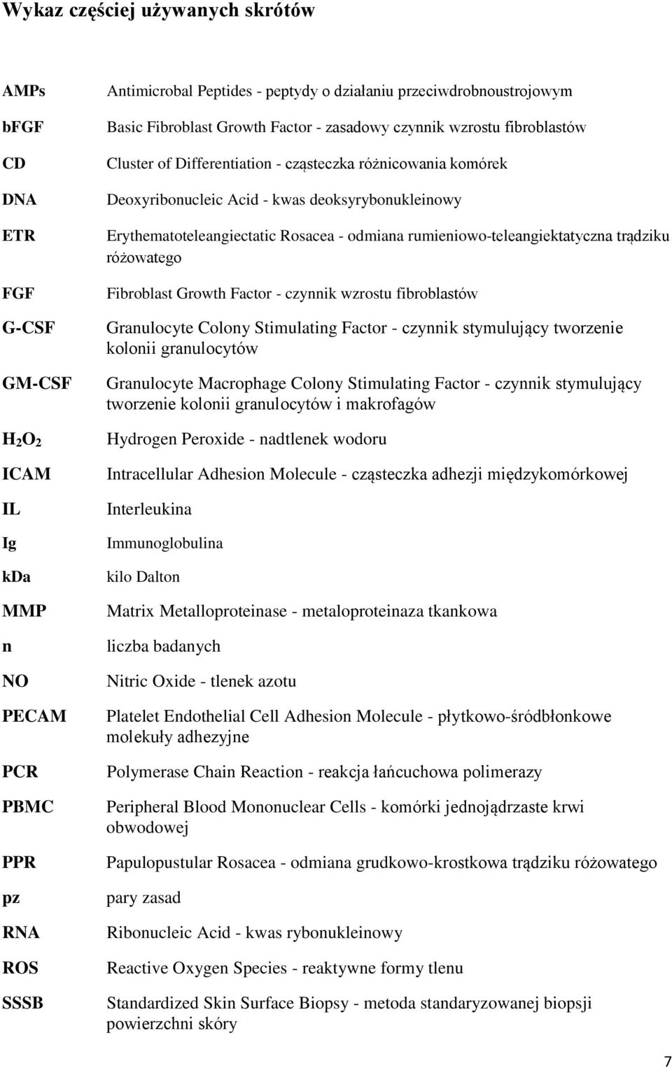 deoksyrybonukleinowy Erythematoteleangiectatic Rosacea - odmiana rumieniowo-teleangiektatyczna trądziku różowatego Fibroblast Growth Factor - czynnik wzrostu fibroblastów Granulocyte Colony