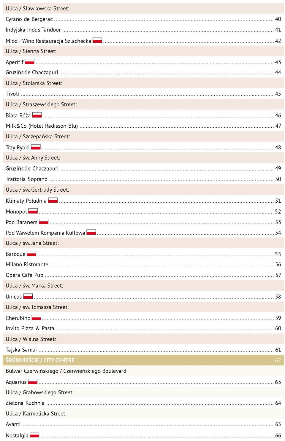 Anny Street: Gruzińskie Chaczapuri... 49 Trattoria Soprano... 50 Ulica / św. Gertrudy Street: Klimaty Południa... 51 Monopol... 52 Pod Baranem... 53 Pod Wawelem Kompania Kuflowa... 54 Ulica / św.