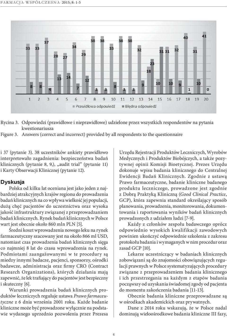 38 uczestników ankiety prawidłowo interpretowało zagadnienia: bezpieczeństwa badań klinicznych (pytanie 8, 9,), audit trial (pytanie 11) i Karty Obserwacji Klinicznej (pytanie 12).