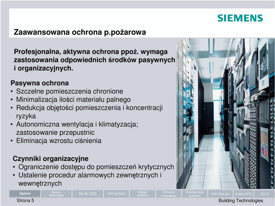 Pasywna ochrona Szczelne pomieszczenia chronione Minimalizacja iloci materiału palnego Redukcja objtoci pomieszczenia i