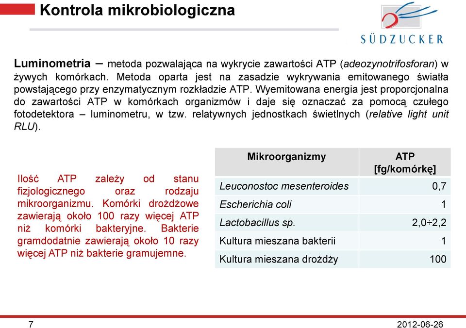 Wyemitowana energia jest proporcjonalna do zawartości ATP w komórkach organizmów i daje się oznaczać za pomocą czułego fotodetektora luminometru, w tzw.