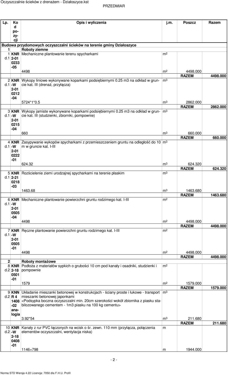 000 2 KNR Wykopy liniowe wykonywane koparkai posiębiernyi 0.25 3 okła w gruncie 3 2 0212 kat. III (reż, przyłącza) 5724*1*0.5 3 2862.000 3 KNR Wykopy jaiste wykonywane koparkai posiębiernyi 0.