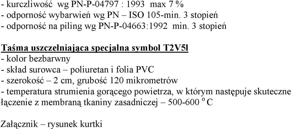 3 stopień Taśma uszczelniająca specjalna symbol T2V5l - kolor bezbarwny - skład surowca poliuretan i folia PVC