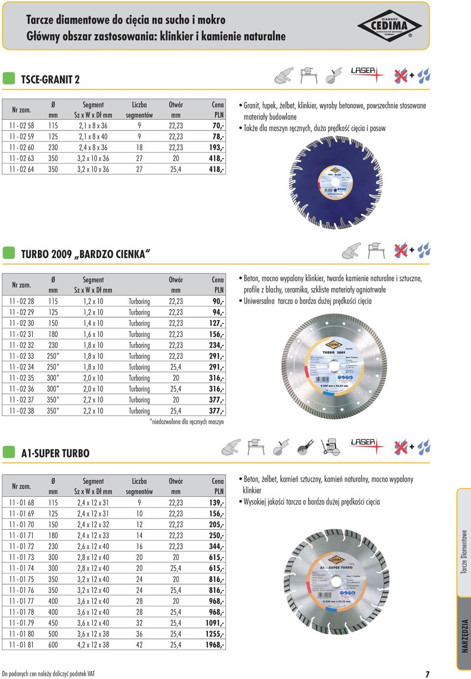 klinkier, wyroby betonowe, powszechnie stosowane materiały budowlane Także dla maszyn ręcznych, duża prędkość cięcia i posuw + TURBO 2009 BARDZO CIENKA Ø Segment Otwór Cena Sz x W x Dł 11-02 28 115