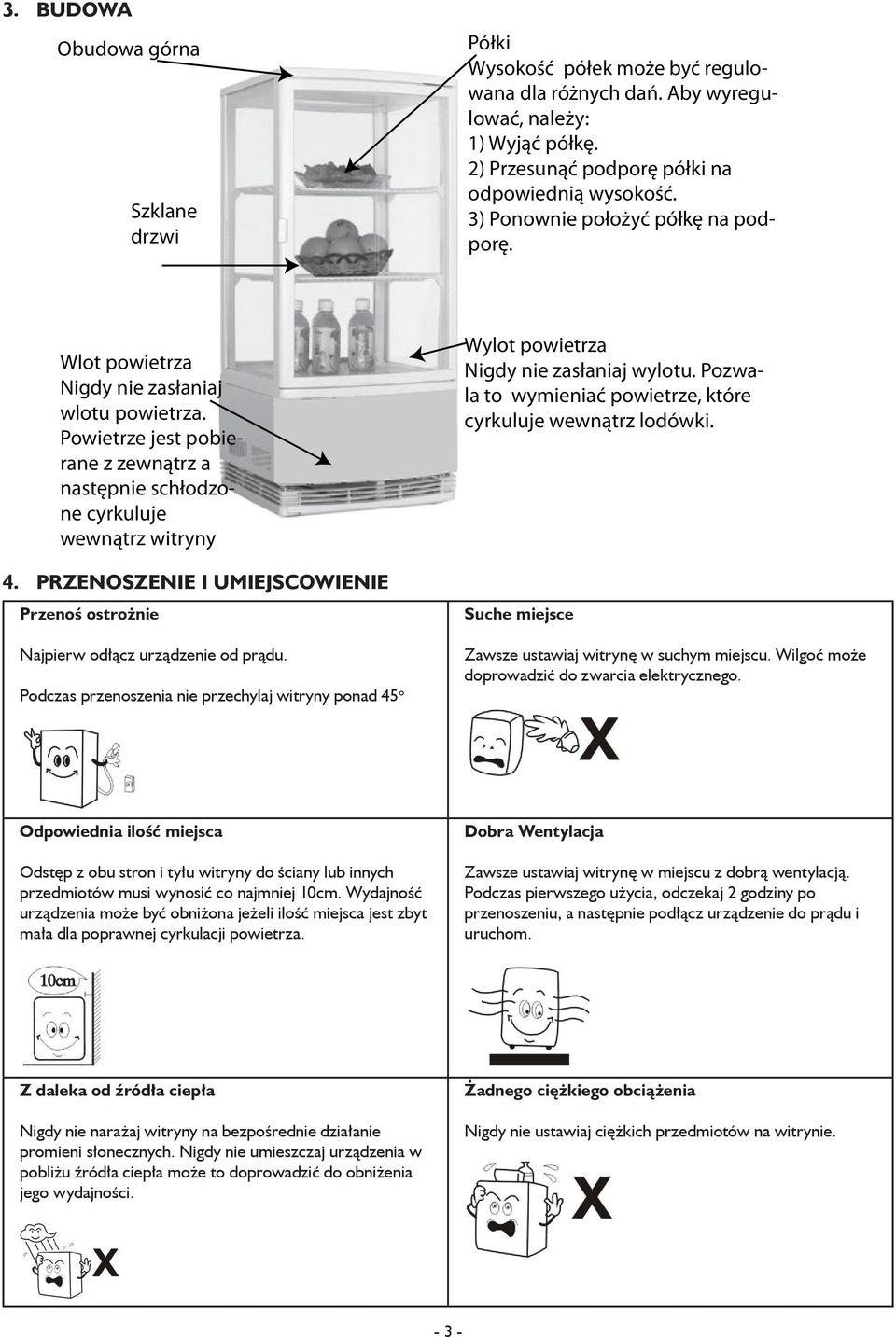 Powietrze jest pobierane z zewnątrz a następnie schłodzone cyrkuluje wewnątrz witryny Wylot powietrza Nigdy nie zasłaniaj wylotu. Pozwala to wymieniać powietrze, które cyrkuluje wewnątrz lodówki. 4.