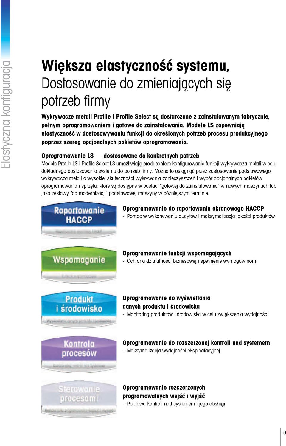 Oprogramowanie LS dostosowane do konkretnych potrzeb Modele Profile LS i Profile Select LS umożliwiają producentom konfigurowanie funkcji wykrywacza metali w celu dokładnego dostosowania systemu do