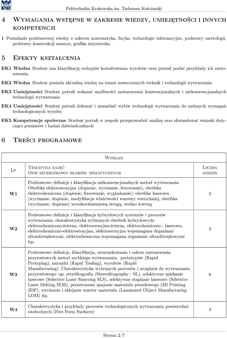 EK2 Wiedza Student posiada aktualną wiedzę na temat nowoczesnych technik i technologii wytwarzania EK3 Umiejętności Student potrafi wskazać możliwości zastosowania konwencjonalnych i