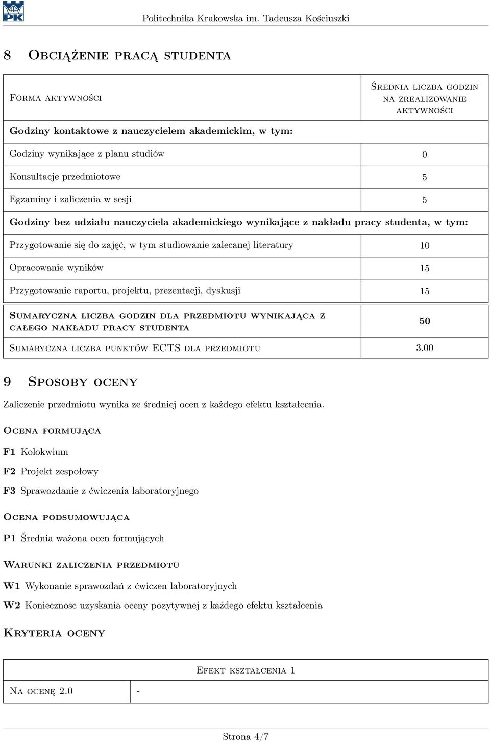 literatury 10 Opracowanie wyników 15 Przygotowanie raportu, projektu, prezentacji, dyskusji 15 Sumaryczna liczba godzin dla przedmiotu wynikająca z całego nakładu pracy studenta 50 Sumaryczna liczba