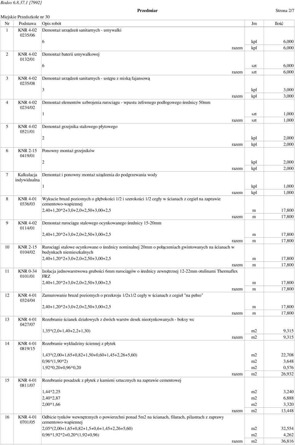 50mm 1 szt 1,000 razem szt 1,000 Demontaż grzejnika stalowego płytowego 2 kpl 2,000 razem kpl 2,000 Ponowny montaż grzejników 2 kpl 2,000 razem kpl 2,000 7 Kalkulacja Demontaż i ponowny montaż