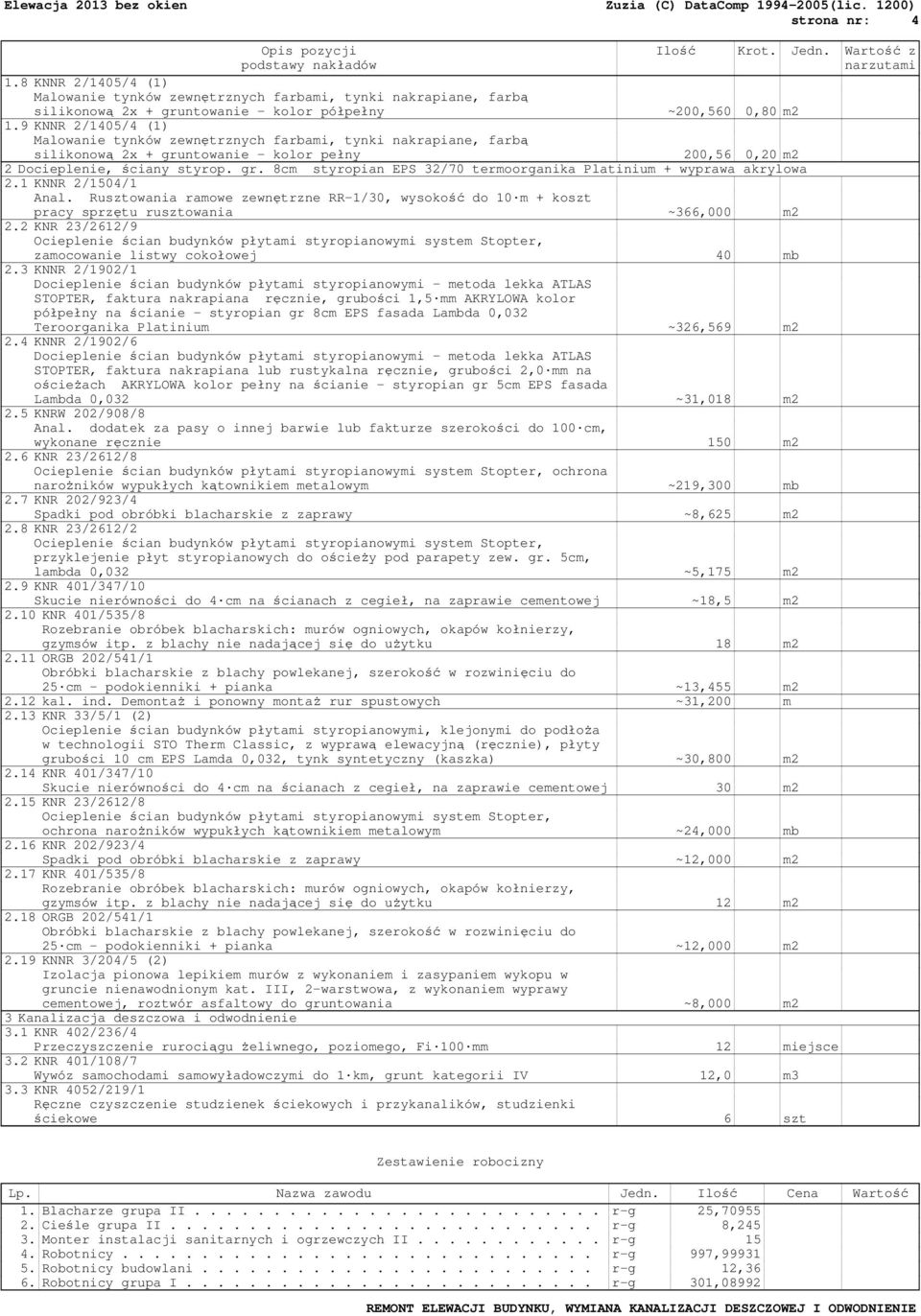 9 KNNR 2/1405/4 (1) Malowanie tynków zewnętrznych farbami, tynki nakrapiane, farbą silikonową 2x + gruntowanie - kolor pełny 200,56 0,20 m2 2 Docieplenie, ściany styrop. gr. 8cm styropian EPS 32/70 termoorganika Platinium + wyprawa akrylowa 2.