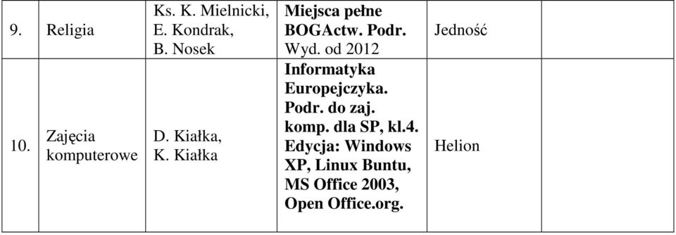 od 2012 Informatyka Europejczyka. do zaj. komp. dla SP, kl.4.