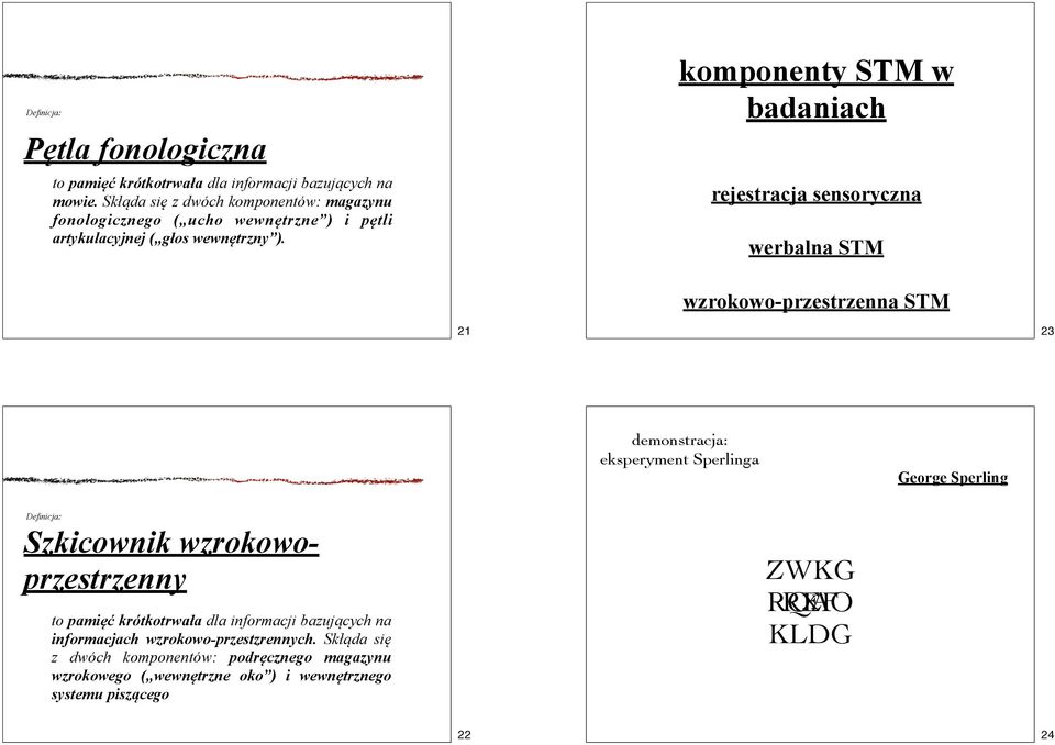 komponenty STM w badaniach rejestracja sensoryczna werbalna STM wzrokowo-przestrzenna STM 21 23 demonstracja: eksperyment Sperlinga George Sperling