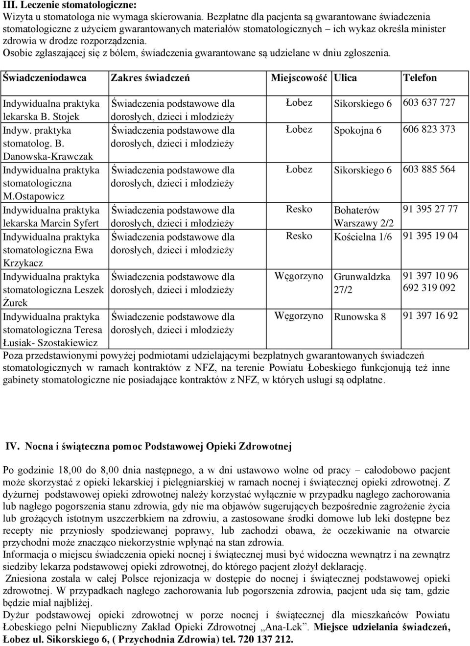 Osobie zgłaszającej się z bólem, świadczenia gwarantowane są udzielane w dniu zgłoszenia. Świadczeniodawca Zakres świadczeń Miejscowość Ulica Telefon Indywidualna praktyka lekarska B.