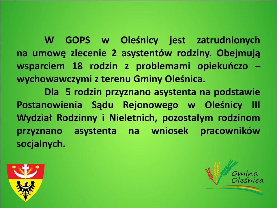 Dla 5 rodzin przyznano asystenta na podstawie Postanowienia Sądu Rejonowego w Oleśnicy III