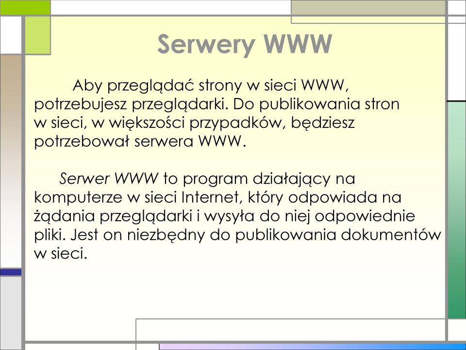 Serwer WWW to program działający na komputerze w sieci Internet, który odpowiada na