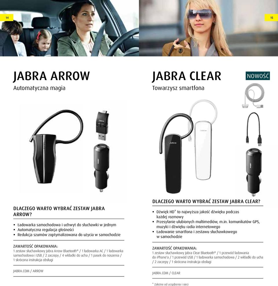 ładowarka samochodowa i USB / 2 zaczepy / 4 wkładki do ucha / 1 pasek do noszenia / 1 skrócona instrukcja obsługi jabra.com / ARROW DLACZEGO WARTO WYBRAĆ ZESTAW CLEAR?