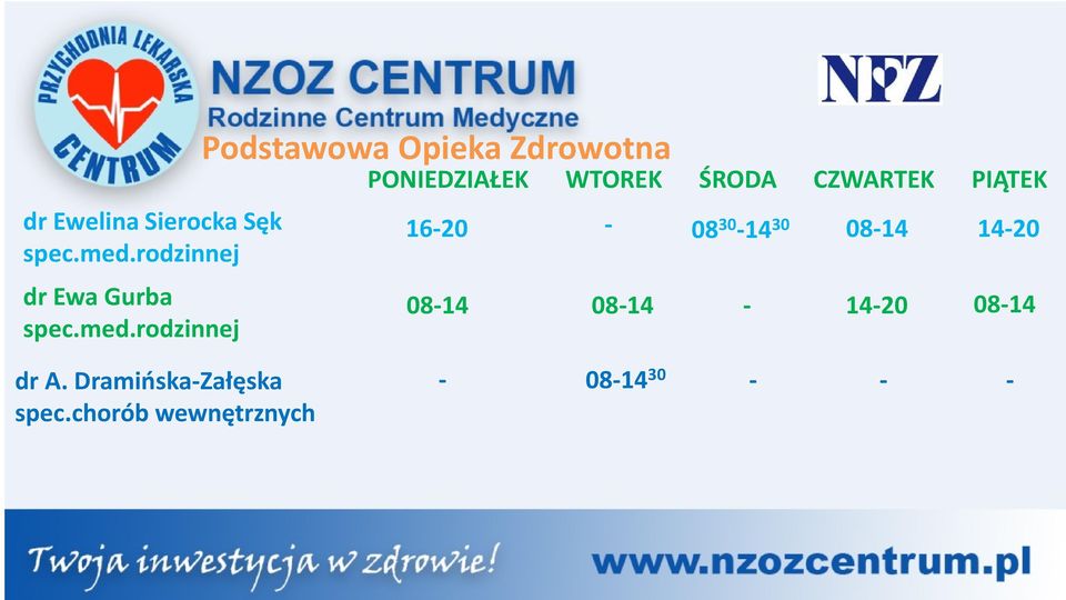 rodzinnej Podstawowa Opieka Zdrowotna PONIEDZIAŁEK WTOREK ŚRODA