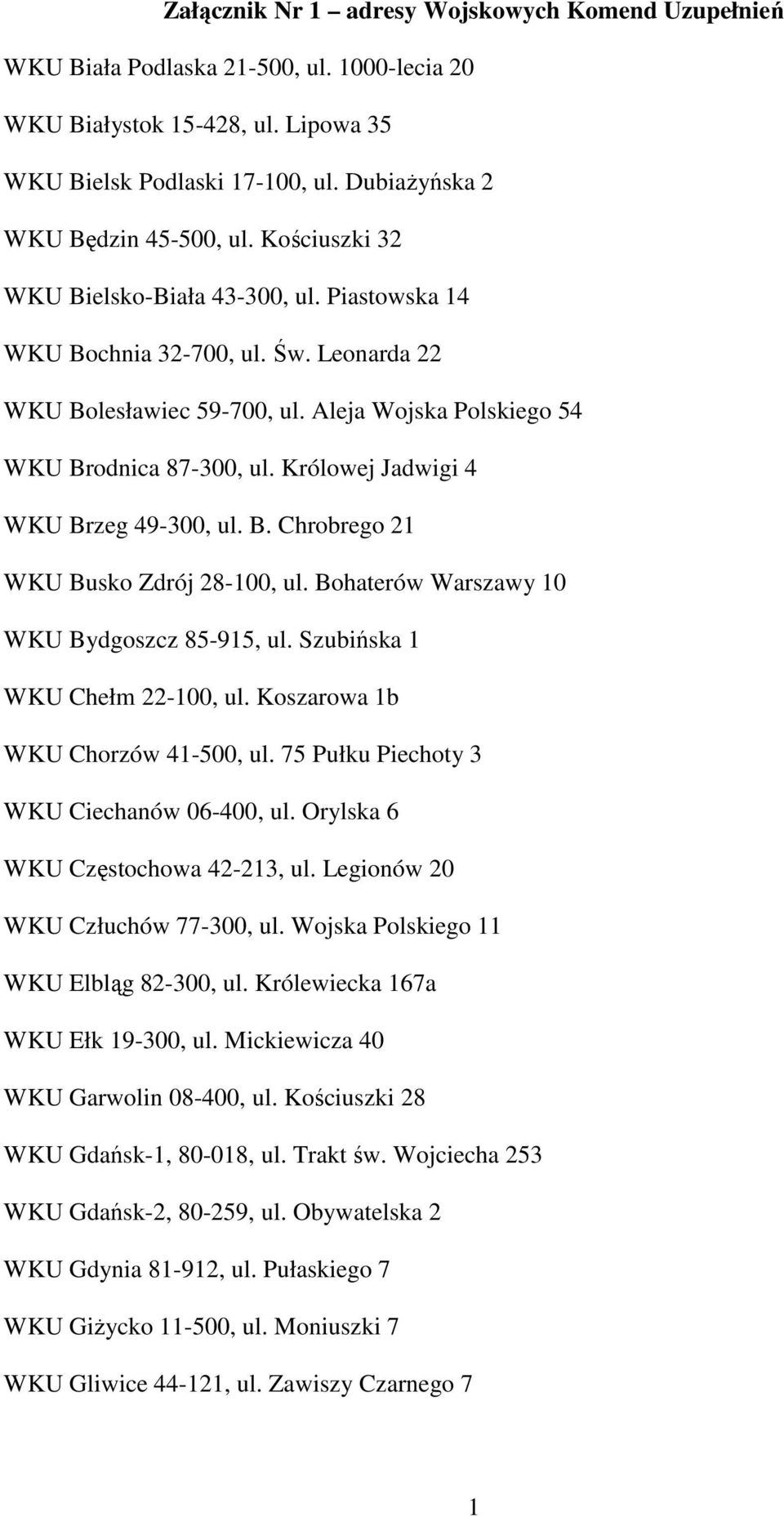 Królowej Jadwigi 4 WKU Brzeg 49-300, ul. B. Chrobrego 21 WKU Busko Zdrój 28-100, ul. Bohaterów Warszawy 10 WKU Bydgoszcz 85-915, ul. Szubińska 1 WKU Chełm 22-100, ul.