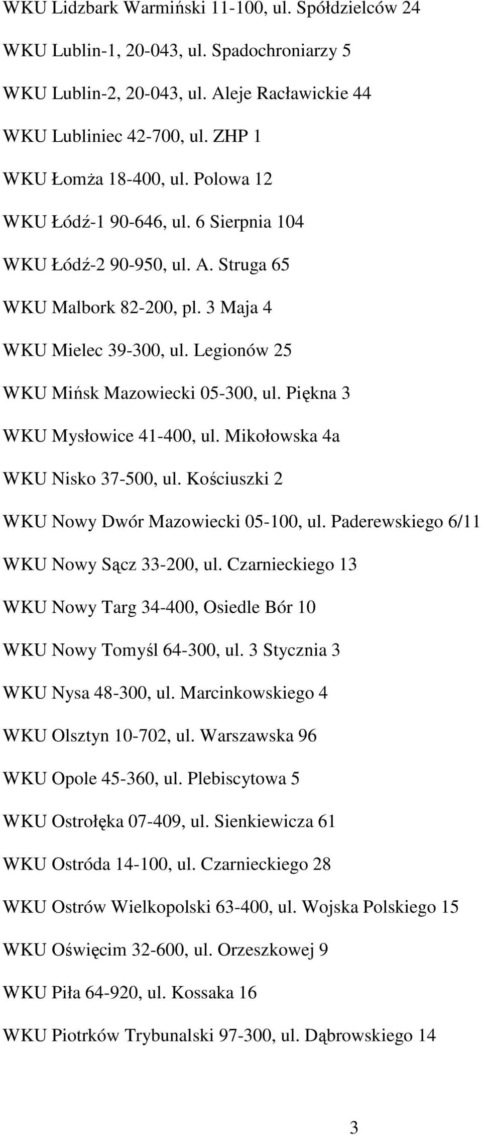 Piękna 3 WKU Mysłowice 41-400, ul. Mikołowska 4a WKU Nisko 37-500, ul. Kościuszki 2 WKU Nowy Dwór Mazowiecki 05-100, ul. Paderewskiego 6/11 WKU Nowy Sącz 33-200, ul.