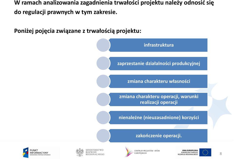 Poniżej pojęcia związane z trwałością projektu: infrastruktura zaprzestanie działalności