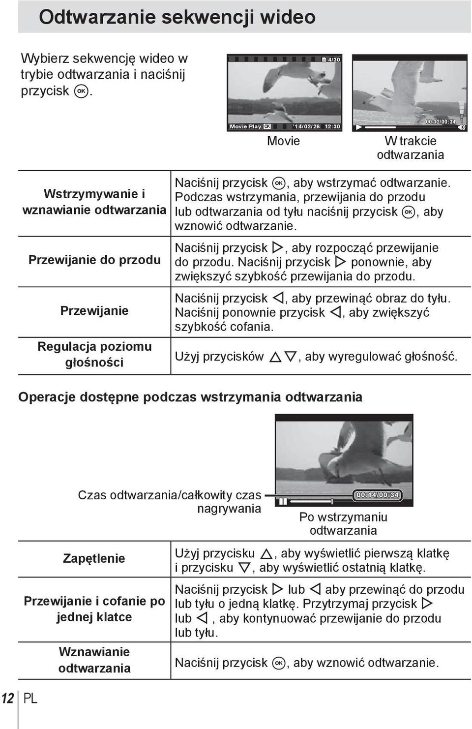 wstrzymać odtwarzanie. Podczas wstrzymania, przewijania do przodu lub odtwarzania od tyłu naciśnij przycisk A, aby wznowić odtwarzanie. Naciśnij przycisk I, aby rozpocząć przewijanie do przodu.