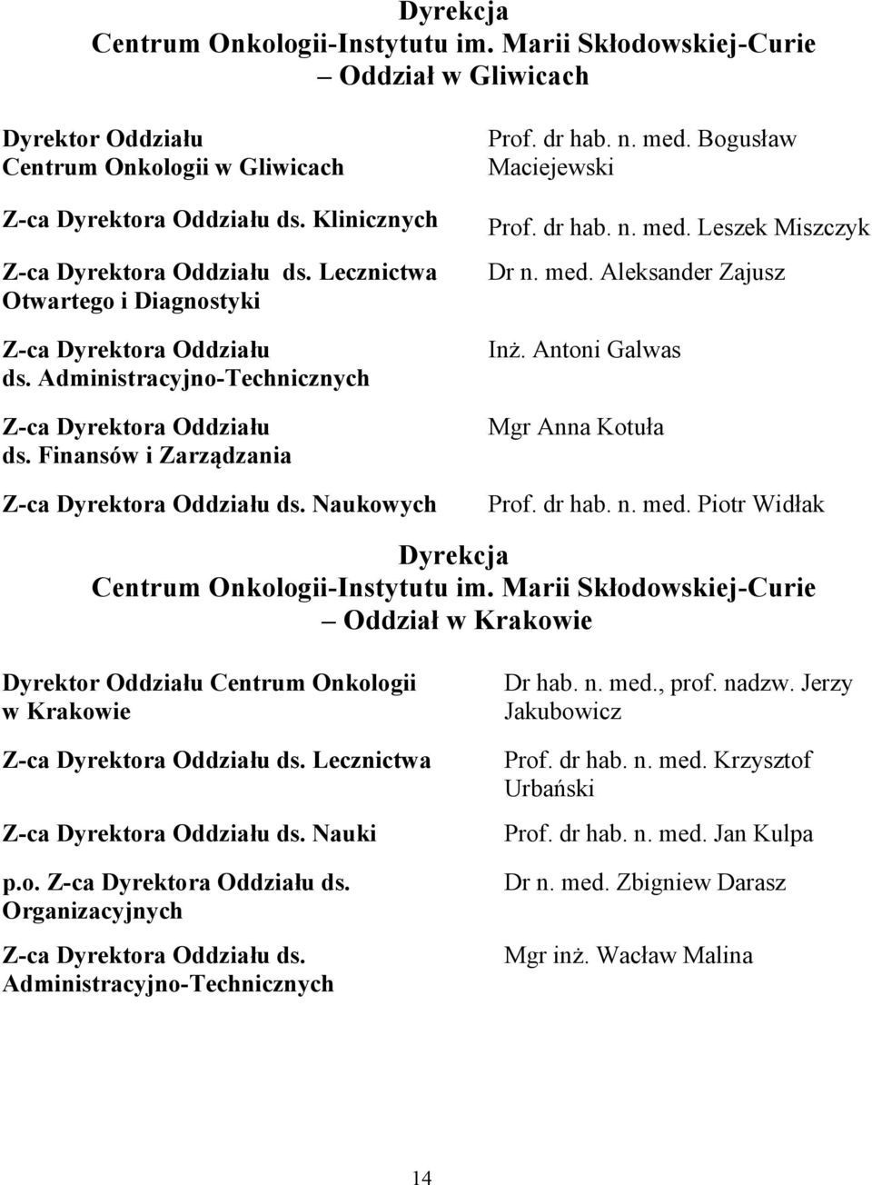 Finansów i Zarządzania Z-ca Dyrektora Oddziału ds. Naukowych Prof. dr hab. n. med. Bogusław Maciejewski Prof. dr hab. n. med. Leszek Miszczyk Dr n. med. Aleksander Zajusz Inż.