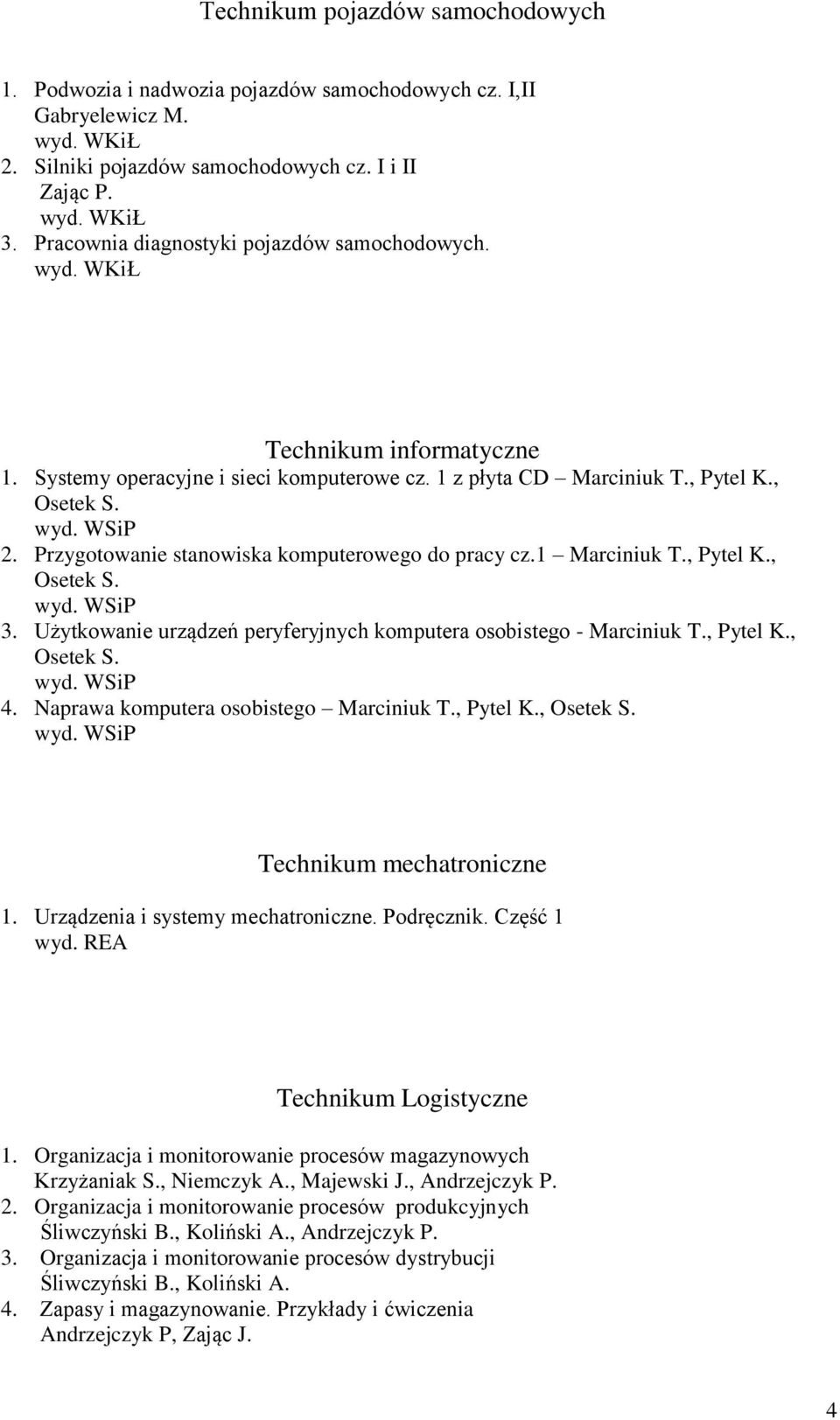 Przygotowanie stanowiska komputerowego do pracy cz.1 Marciniuk T., Pytel K., 3. Użytkowanie urządzeń peryferyjnych komputera osobistego - Marciniuk T., Pytel K., 4.